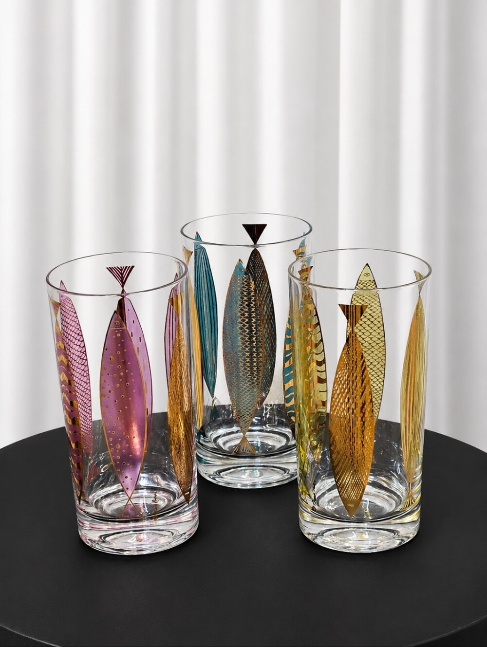Vintage Iconic Fred Press Signed Fish Gold Details MCM Highball Glasses Set of 3